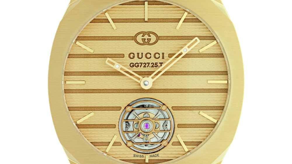 The Gucci 25H in 18-karat yellow gold with Gucci GG 727.25 flying tourbillon movement.