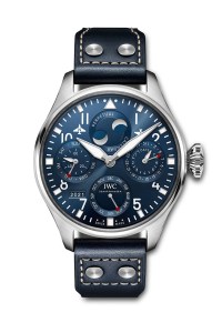 IWC’s Big Pilot’s Perpetual Calendar watch with perpetual calendar and moon phase, sapphire case back and calfskin strap.