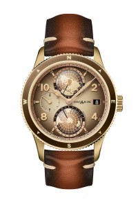 Montblanc’s 1858 Geosphere limited-edition watch calibre MB 29.25 with Manufacture world time complication and alloy case in bronze with slim curved horns featuring polished and satin finishing.