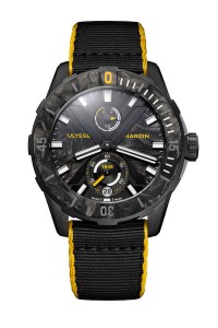 Ulysse Nardin’s Diver X Cape Horn watch with 44-mm titanium case with a black and yellow fabric strap.