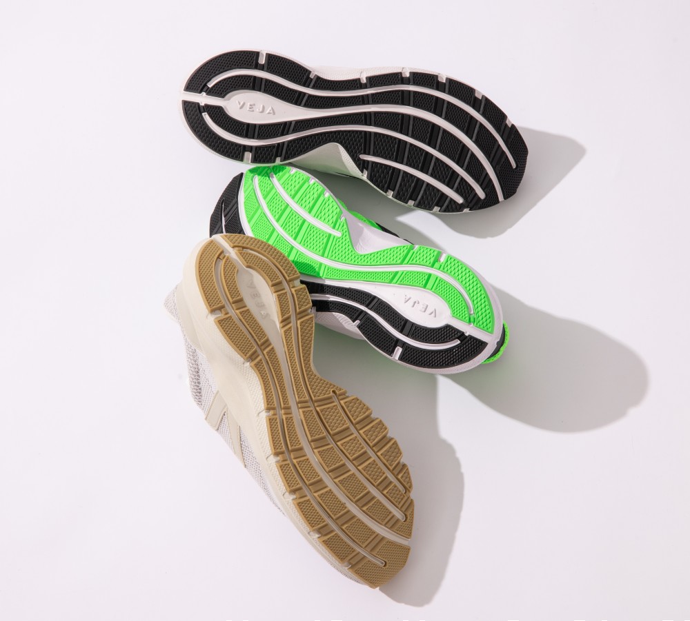 The outsole of Veja's Marlin running shoe is made with 32 percent natural rubber and 33 percent rice waste