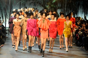 A model on the runway at Lanvin's fall 2011 show at Espace Ephemere Tuileries. Designed by Alber Elbaz.