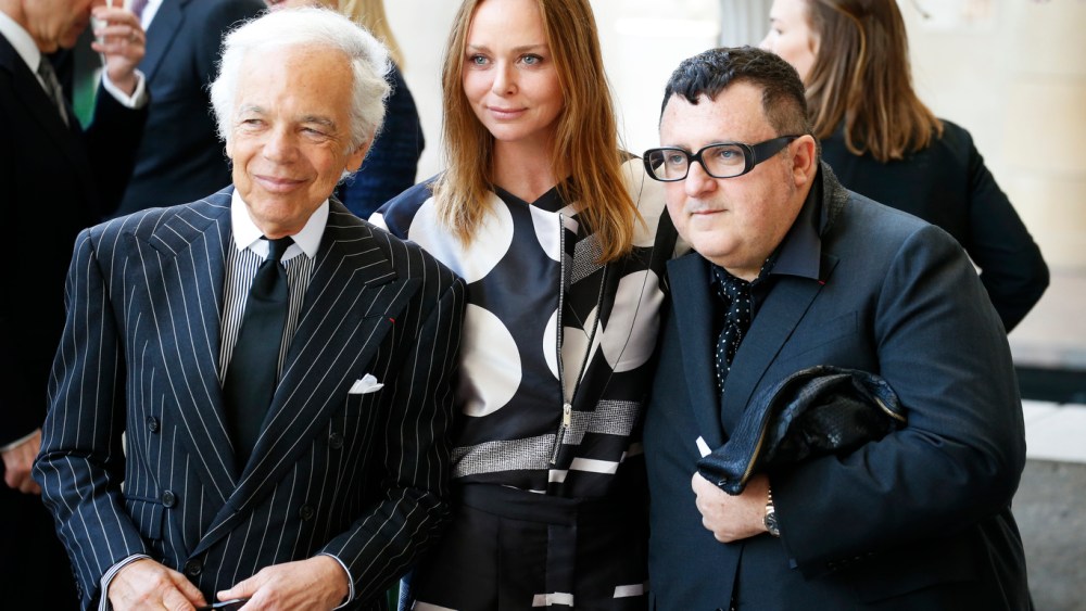 (L-R) Ralph Lauren, Stella McCartney and Alber Elbaz attend the Costume Institute preview at the Metropolitan Museum of Art.