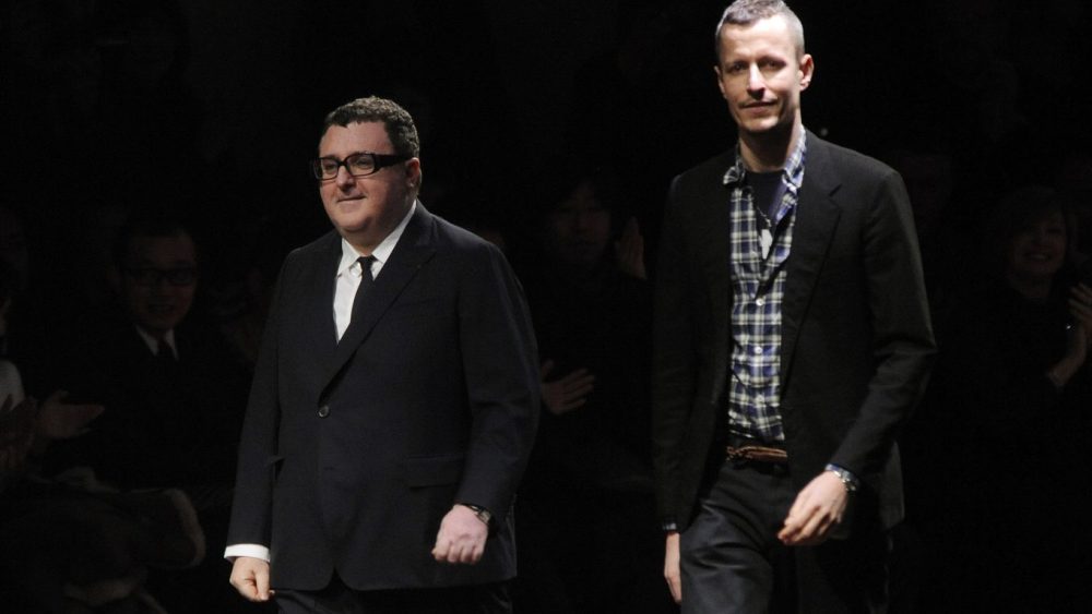 Designers Alber Elbaz and Lucas Ossendrijver on the runway after Lanvin's fall 2011 menswear show at Palais de Tokyo.