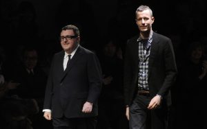 Designers Alber Elbaz and Lucas Ossendrijver on the runway after Lanvin's fall 2011 menswear show at Palais de Tokyo.