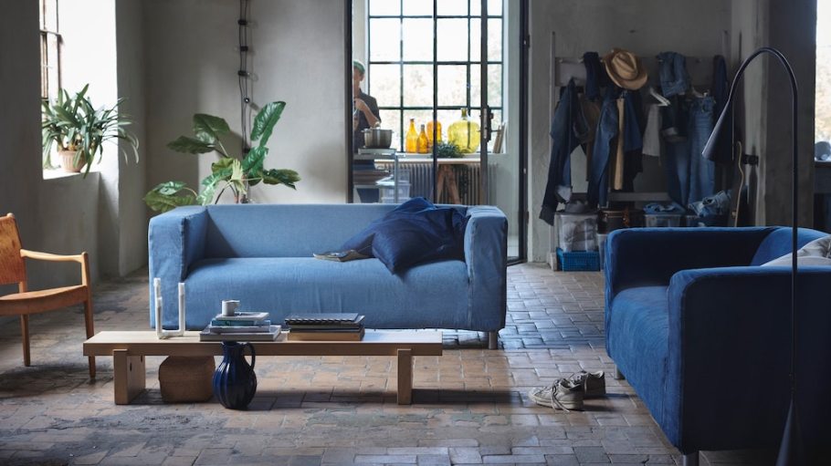 Sustainable denim brand Mud Jeans created a denim couch cover made of upcycled jeans for Ikea’s popular Klippan sofa.