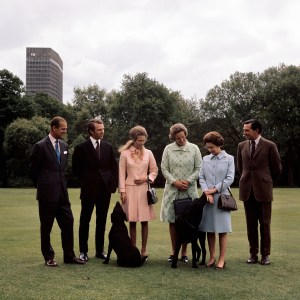 Princess Anne and Lt. Mark Phillips at Buckingham Palace with the Queen, Prince Philip and family, after announcing their engagement in 1973.