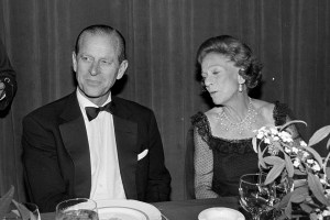 Prince Philip, Duke of Edinburgh, and Brooke Astor attend a benefit at the Waldorf Astoria Hotel in New York City on October 1, 1980.