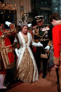Prince Philip and Queen Elizabeth II at the state opening of Parliament, 1990.