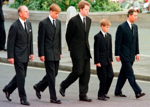 Prince Philip, Prince William, Earl Spencer, Prince Harry and Prince Charles walk outside Westminster Abbey during the funeral procession for Diana, Princess of Wales.