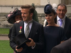 In this image taken from video, England's soccer star David Beckham, left and his wife Victoria arrive at Westminster Abbey for the Royal Wedding in London on Friday, April, 29, 2011. (AP Photo/APTN) EDITORIAL USE ONLY NO ARCHIVE PHOTO TO BE USED SOLELY TO ILLUSTRATE NEWS REPORTING OR COMMENTARY ON THE FACTS OR EVENTS DEPICTED IN THIS IMAGE