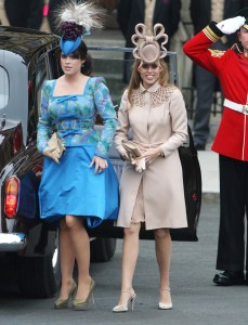 Headpiece worn by Princess Beatrice to be sold.File photo dated 29/04/2011 of Princess Beatrice (right) and Princess Eugenie arriving at Westminster Abbey as the bizarre headpiece worn by Princess Beatrice at the wedding of Prince William and Kate Middleton is to be auctioned on eBay, her mother said. Issue date:Thursday May 12, 2011. Sarah Ferguson told US talk show host Oprah Winfrey that her daughter's opinion-dividing Philip Treacy creation would be sold on the website for charity. See PA story ROYAL Ferguson. Photo credit should read: Steve Parsons/PA Wire URN:10697493 (Press Association via AP Images)