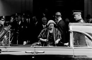 H.R.H Queen Elizabeth II, Prince Phillip, Duke of Edinburgh leave an event during a visit to Chicago, Illinois in 1959.