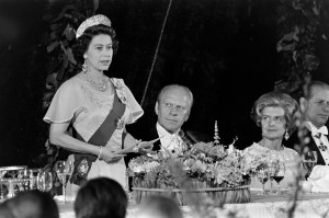 (L-R) Queen Elizabeth II, Gerald R. Ford, Betty Ford, and Prince Phillip attend a state dinner at the White House in Washington, D.C., on July 7, 1976.