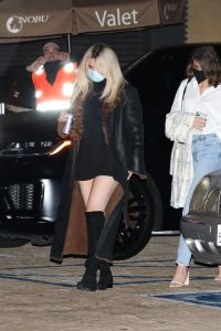 selena gomez, blonde, dress, lbd, coat, leather, boots, thigh-high boots, hair, nobu, la