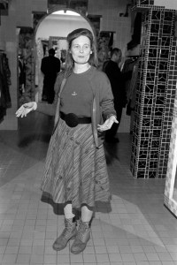 Designer Vivienne Westwood poses for a portrait in a look from her spring 1986 "queen-and-country" RTW collection.