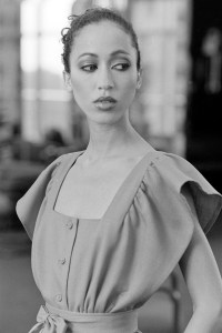 Model Pat Cleveland in a jumpsuit from Halston's 1981 resort collection at the designers Olympic Tower headquarters in New York City.
