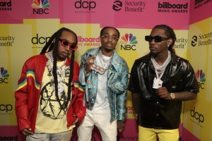 2021 BILLBOARD MUSIC AWARDS -- Pictured: (l-r) Takeoff, Quavo, and Offset of Migos arrive to the 2021 Billboard Music Awards held at the Microsoft Theater on May 23, 2021 in Los Angeles, California. --  (Photo by Todd Williamson/NBC)