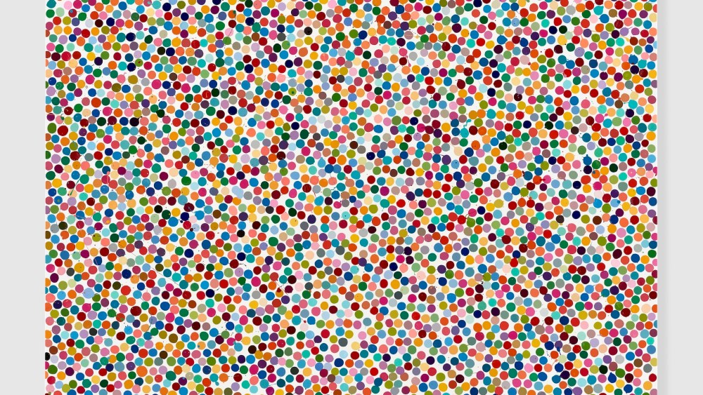 Damien Hirst, Purple Lagoon, 2016. Household gloss on canvas, 51 x 81 inches (1295 x 2057 mm) (100mm dot). Private Collection.