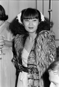 Designer Cathy Hardwick in a look from her fall 1977 eveningwear collection at Le Club restaurant in New York City.
