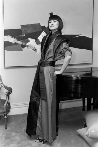 A model poses Josie Natori's debut robe collection for Fall 1983.