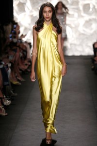 A model on the runway at Naeem Khan's spring 2015 show at The Theatre at Lincoln Center.