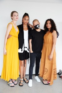 Designer Jason Wu, Indira Scoot and Indya Moore backstage after his Spring 2021 RTW show.