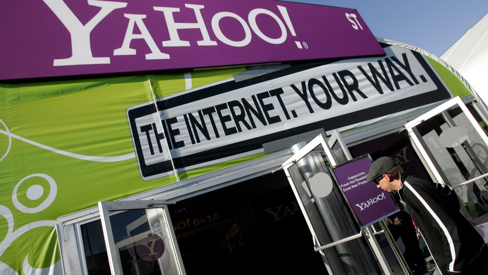 ** FILE ** The Yahoo tent at the Consumer Electronics Show (CES) is seen in Las Vegas in this Jan. 7, 2008 file photo. Yahoo Inc.'s board reportedly called a special meeting Friday to discuss the slumping Internet pioneer's first response to Microsoft Corp.'s week-old takeover bid, setting the stage for a quick resolution or months of acrimonious wrangling. (AP Photo/Paul Sakuma, file)
