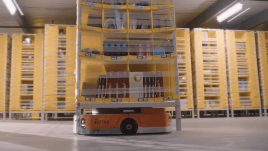 At Amazon robotics fulfillment centers, orange-colored robotic drive units can navigate around the warehouse, lift pods filled with customer orders off the ground and carry them where needed.