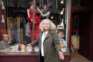 Costume designer Jenny Beavan on the set of Disney’s live-action CRUELLA. Photo by Laurie Sparham. © 2021 Disney Enterprises Inc. All Rights Reserved.