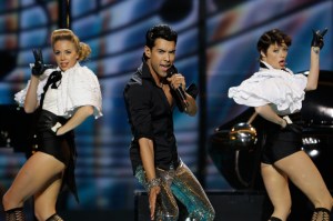 Germany's Alex Swings Oscar Sings perform during the 2009 Eurovision Song Contest final rehearsal at the Olympic Stadium, in Moscow, Russia, Friday, May 15, 2009.