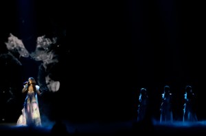 Azerbaijan's Sabina Babayeva performs during the final show of the 2012 Eurovision Song Contest at the Baku Crystal Hall in Baku, Sunday, May 27, 2012.