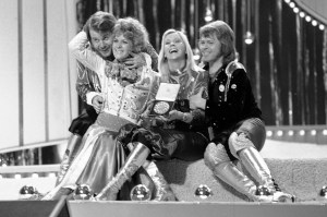 Swedish pop group ABBA celebrate winning the 1974 Eurovision Song Contest on stage at the Brighton Dome in England.