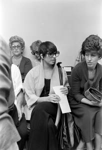 Liza Minnelli sits front row during Halston's resort collection presentation in New York on September 12, 1974.