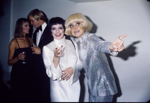 Liza Minnelli and Carol Channing attend a party at Halston's New York home to celebrate Liza Minnelli and Jack Haley Jr.'s first wedding anniversary on September 15, 1975.