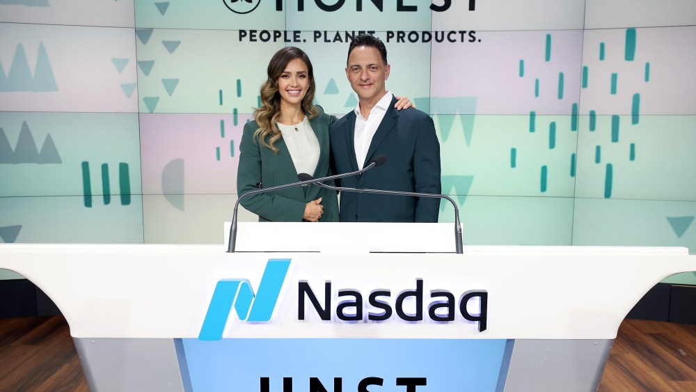 The Honest Co.'s Jessica Alba and Nick Vlahos ring the opening bell at the Nasdaq Stock Market.