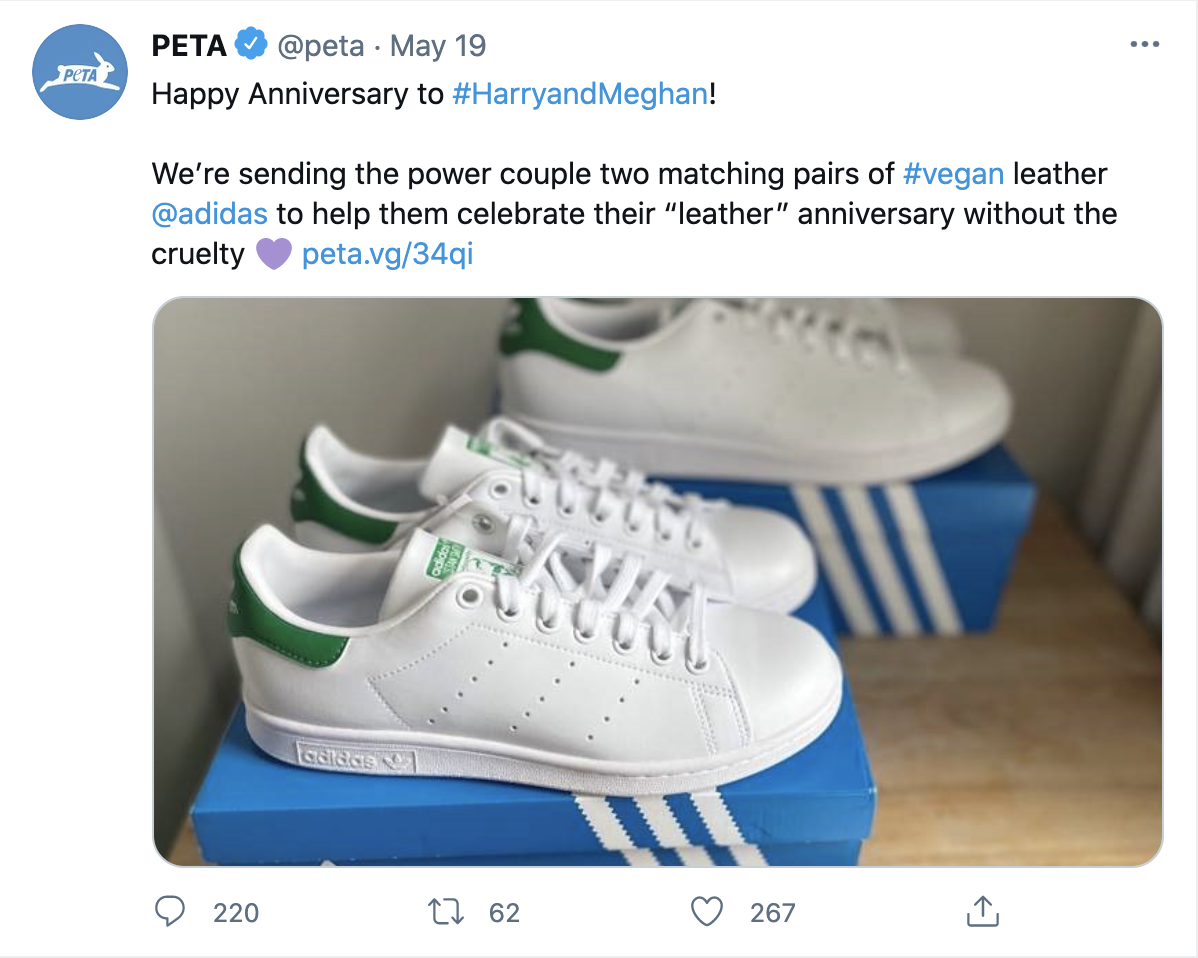 PETA said it sending Prince Harry and Meghan Markle matching pairs of vegan Stan Smith sneakers
