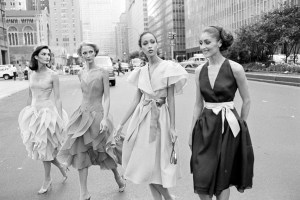 Models Margaret Donohue, Karen Bjornson, Pat Cleveland, and Shirley Farro pose in floral-inspired dresses from Halston's 1981 resort collection on Park Avenue in New York City.