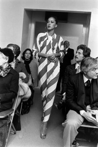 Model Pat Cleveland walks in Halston's summer 1976 ready to wear fashion show in New York.