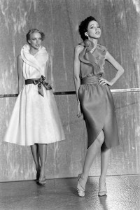 Models Karen Bjornson and Pat Cleveland pose in calla lily-inspired dresses from Halston's summer 1980 ready to wear advance.