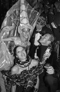 Model Pat Cleveland in costume with Halston, Martin Snaric, and Marina Schiano at Regine's Rio Carnival party in New York on March 3, 1980.