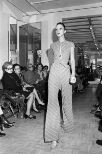 Pat Cleveland models a chevron-striped, jump suit from Halston's Spring 1976 made-to-order collection.