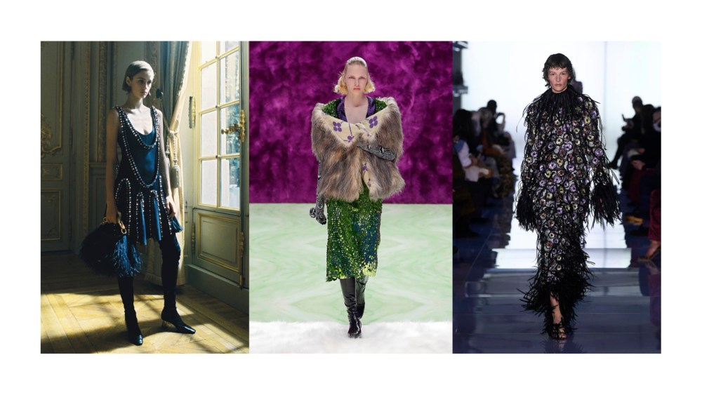 From left to right: Fall 2021 collections of Lanvin, Prada, Del Core.