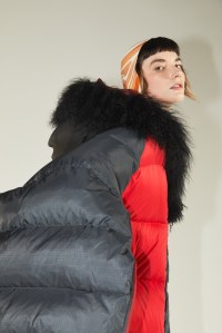 Marni’s nylon coat with woven brushed wool inserts over Emilio Pucci’s eco soft scuba jumpsuit.