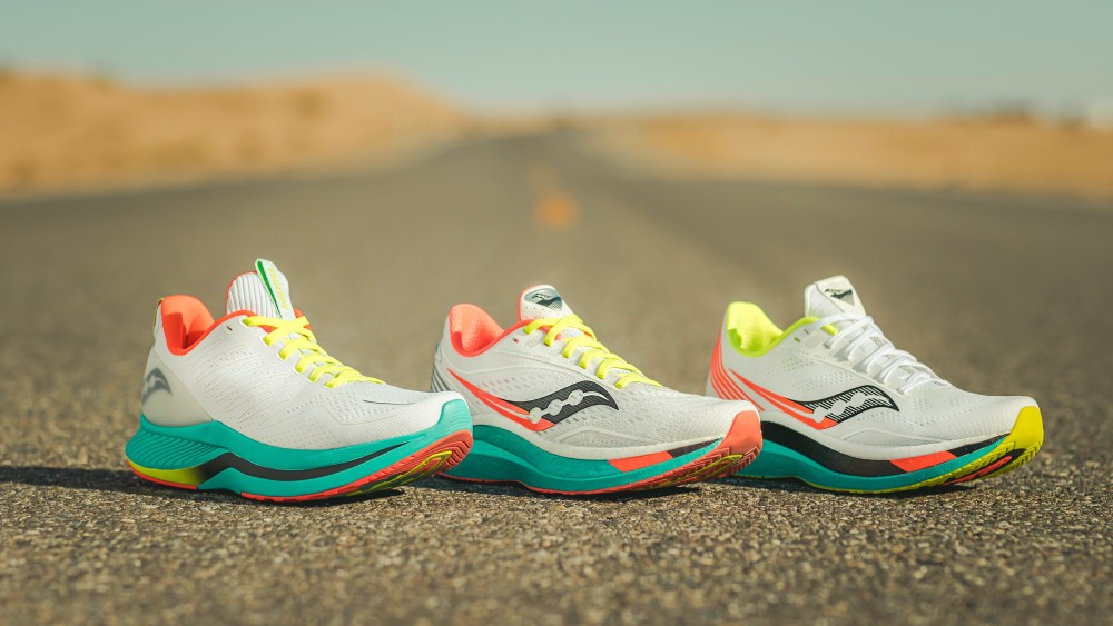 saucony sneakers on a road