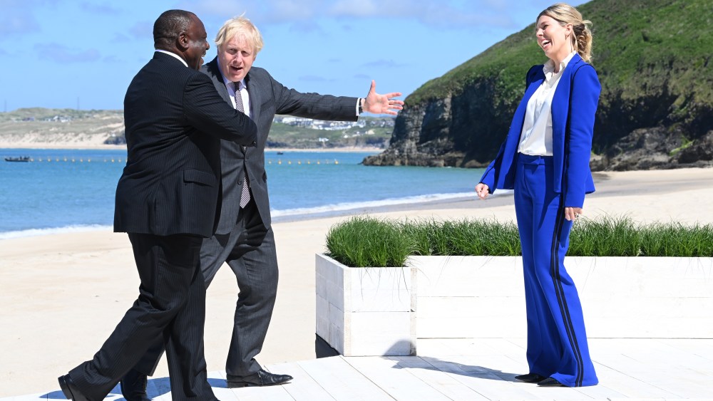 Boris Johnson and Carrie Symonds meet His Excellency Cyril Ramaphosa, President of South Africa, at The Carbis Bay Hotel in Cornwall on Day Two of the G7 summit in 2021.