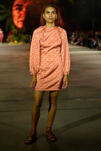 SYDNEY, AUSTRALIA - JUNE 02: A model walks the runway in a design by Clair Helen during the First Nations Fashion + Design show during Afterpay Australian Fashion Week 2021 Resort '22 Collections at Carriageworks on June 02, 2021 in Sydney, Australia. (Photo by Stefan Gosatti/Getty Images)