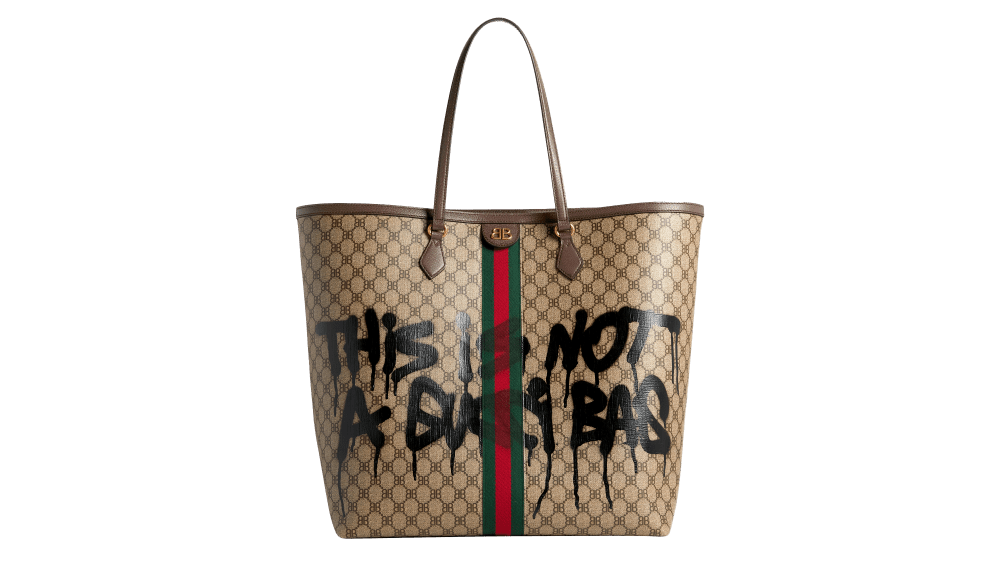 Balenciaga did a range of accessories hacked from Gucci and its GG canvas.