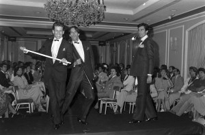 Models pose in designer ensembles during a Pitti Uomo fashion show in Florence, Italy on August 2, 1978.