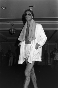 A model poses in designer beachwear during a Pitti Uomo fashion show in Florence, Italy on August 2, 1978.